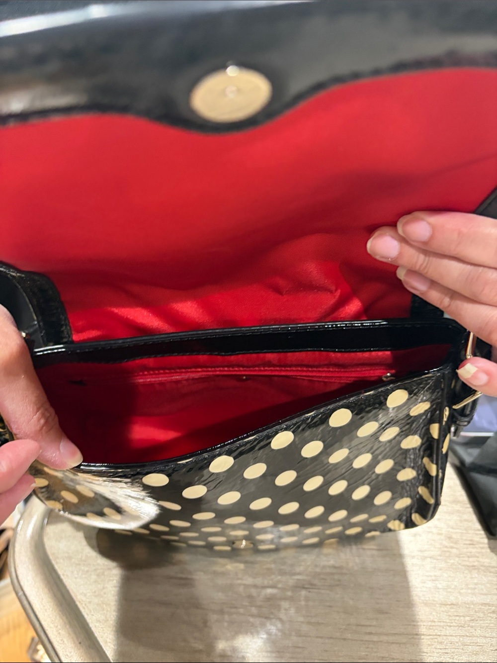 Black Polka Dot Crossbody Bag with Red Interior Kate spade